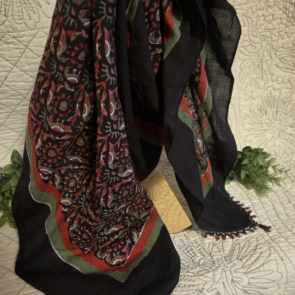 Boho Beaded Fringe Shawl Wrap Scarf Tribal Print Lightweight Large Scarf